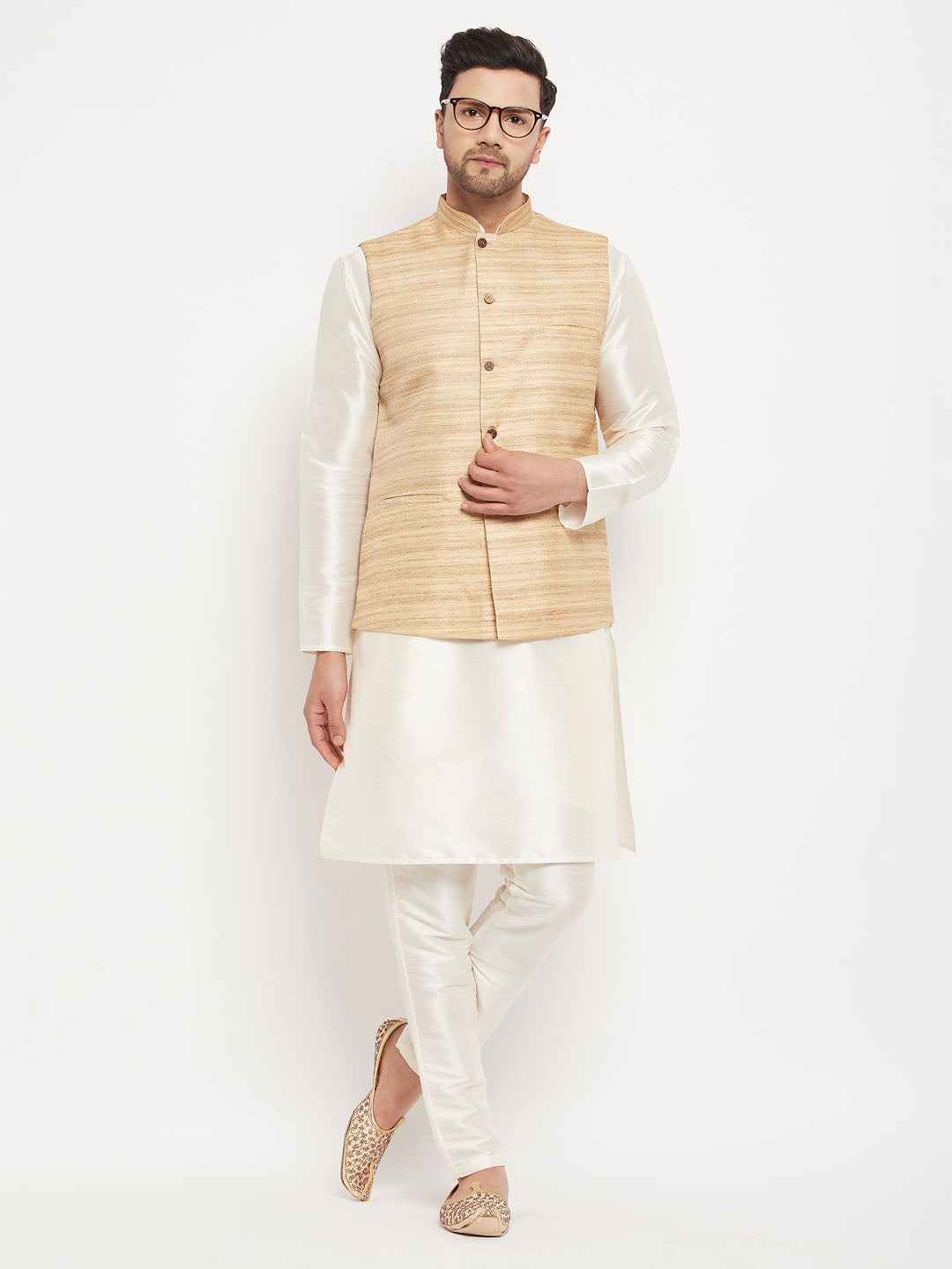 Men's Beige Matka Silk Nehru Jacket With Cream Silk Blend Kurta And Pant Style Pyjama Set