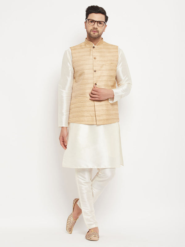 Men's Beige Matka Silk Nehru Jacket With Cream Silk Blend Kurta And Pant Style Pyjama Set