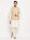 Men's Beige Matka Silk Nehru Jacket With Cream Silk Blend Kurta And Pant Style Pyjama Set