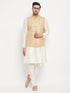 Men's Beige Matka Silk Nehru Jacket With Cream Silk Blend Kurta And Pant Style Pyjama Set