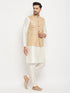 Men's Beige Matka Silk Nehru Jacket With Cream Silk Blend Kurta And Pant Style Pyjama Set