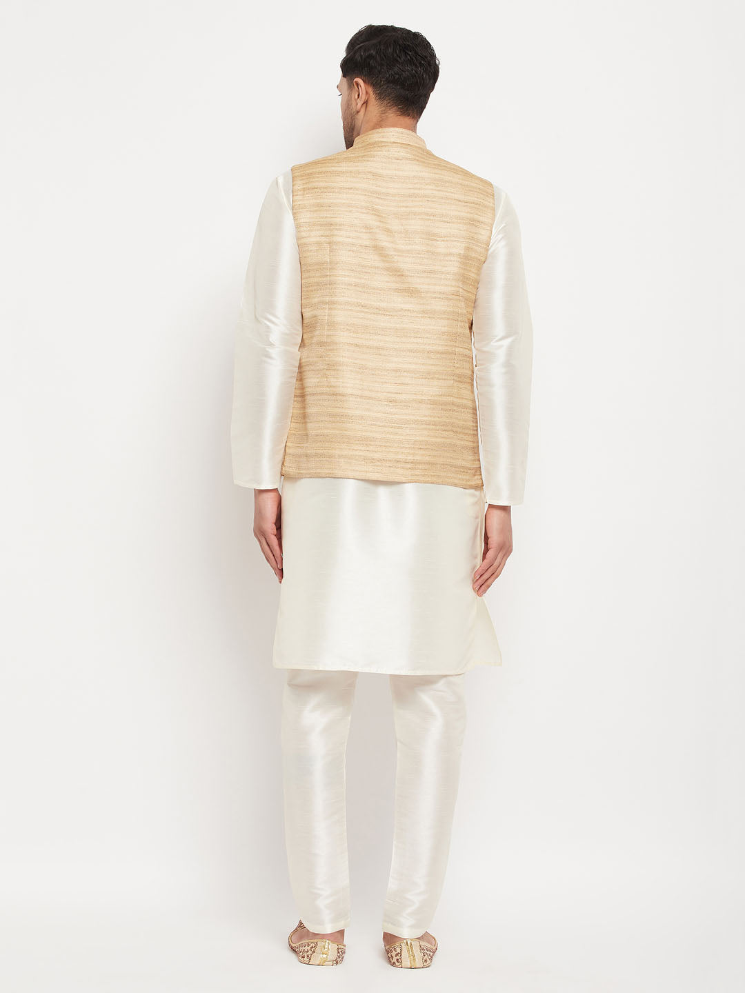 Men's Beige Matka Silk Nehru Jacket With Cream Silk Blend Kurta And Pant Style Pyjama Set