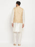 Men's Beige Matka Silk Nehru Jacket With Cream Silk Blend Kurta And Pant Style Pyjama Set