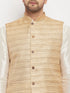 Men's Beige Matka Silk Nehru Jacket With Cream Silk Blend Kurta And Pant Style Pyjama Set