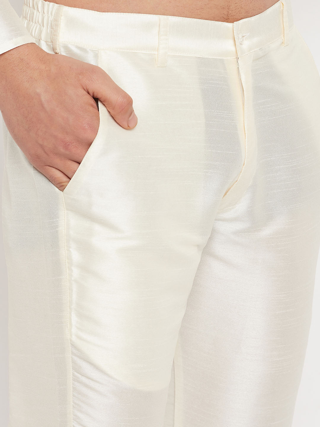 Men's Beige Matka Silk Nehru Jacket With Cream Silk Blend Kurta And Pant Style Pyjama Set