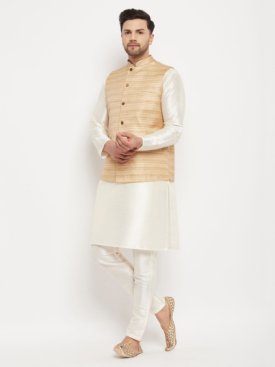 Men's Beige Matka Silk Nehru Jacket With Cream Silk Blend Kurta And Pant Style Pyjama Set