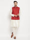 Men's Maroon Matka Silk Nehru Jacket With Cream Silk Blend Kurta And Pant Style Pyjama Set