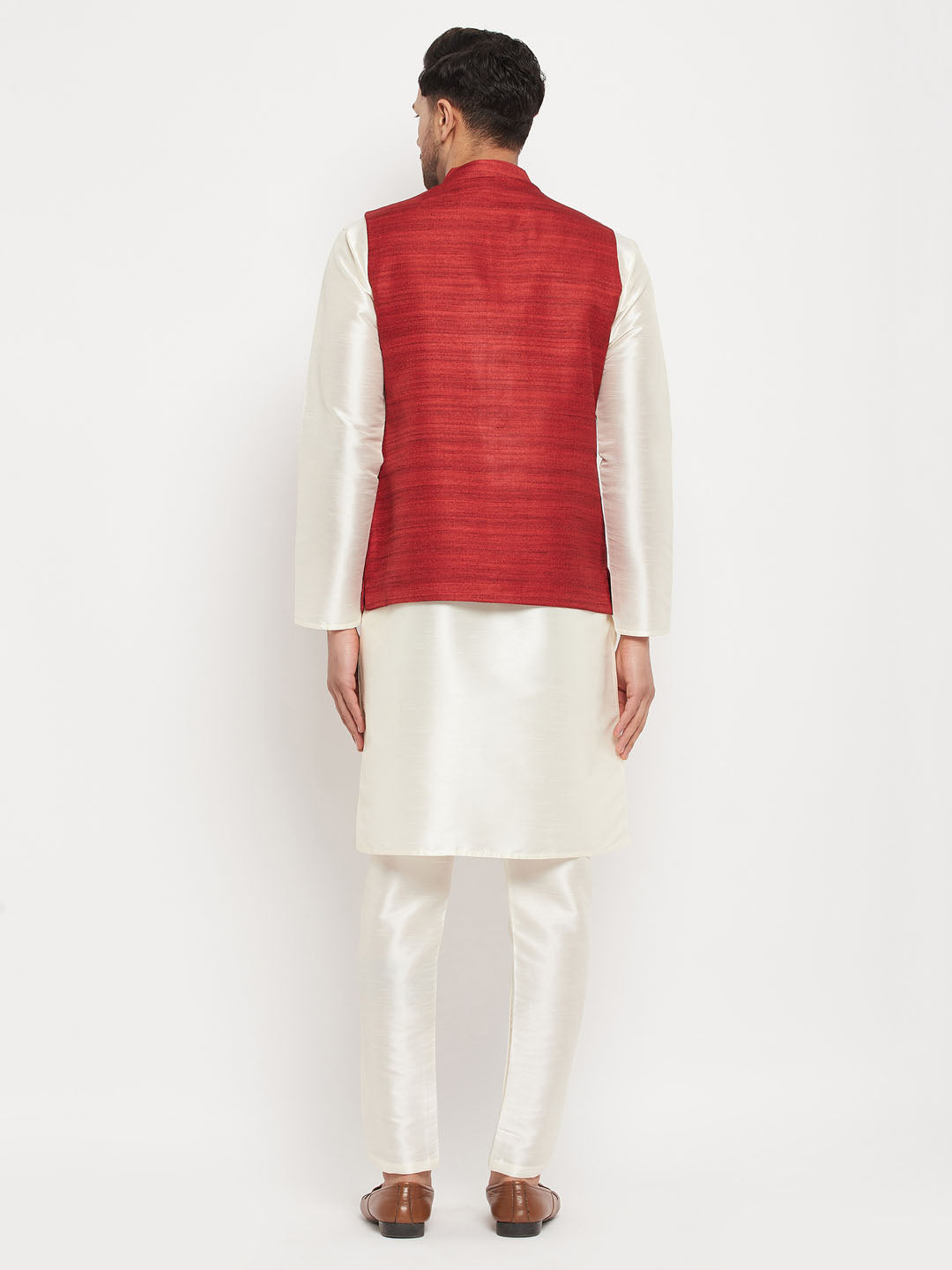 Men's Maroon Matka Silk Nehru Jacket With Cream Silk Blend Kurta And Pant Style Pyjama Set