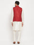 Men's Maroon Matka Silk Nehru Jacket With Cream Silk Blend Kurta And Pant Style Pyjama Set