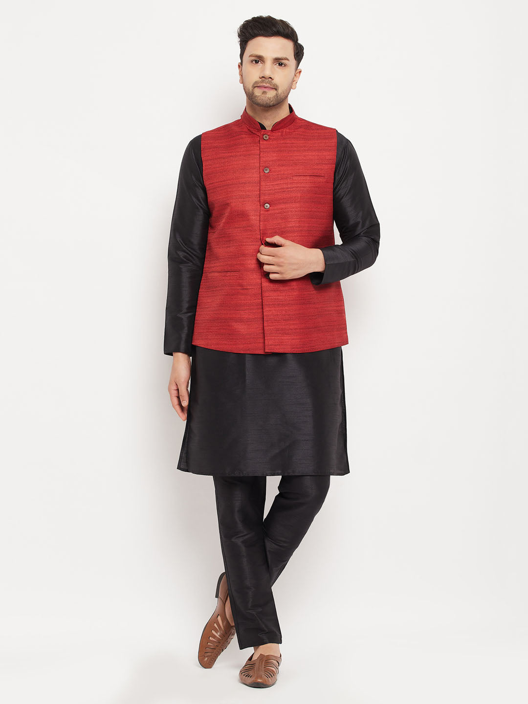 Men's Maroon Matka Silk Nehru Jacket With Black Silk Blend Kurta And Pant Style Pyjama Set