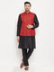 Men's Maroon Matka Silk Nehru Jacket With Black Silk Blend Kurta And Pant Style Pyjama Set