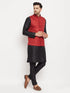 Men's Maroon Matka Silk Nehru Jacket With Black Silk Blend Kurta And Pant Style Pyjama Set