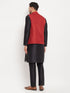 Men's Maroon Matka Silk Nehru Jacket With Black Silk Blend Kurta And Pant Style Pyjama Set
