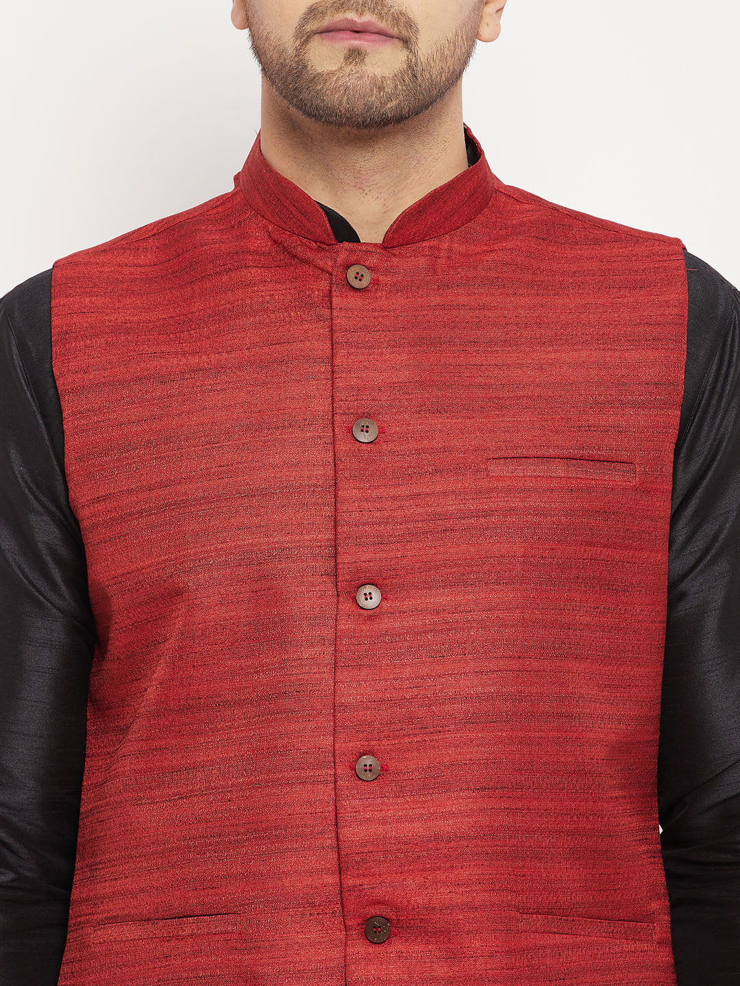 Men's Maroon Matka Silk Nehru Jacket With Black Silk Blend Kurta And Pant Style Pyjama Set