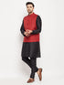 Men's Maroon Matka Silk Nehru Jacket With Black Silk Blend Kurta And Pant Style Pyjama Set