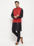 Men's Maroon Matka Silk Nehru Jacket With Black Silk Blend Kurta And Pant Style Pyjama Set