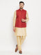 Men's Maroon Matka Silk Nehru Jacket With Gold Silk Blend Kurta And Pant Style Pyjama Set