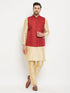 Men's Maroon Matka Silk Nehru Jacket With Gold Silk Blend Kurta And Pant Style Pyjama Set