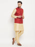 Men's Maroon Matka Silk Nehru Jacket With Gold Silk Blend Kurta And Pant Style Pyjama Set