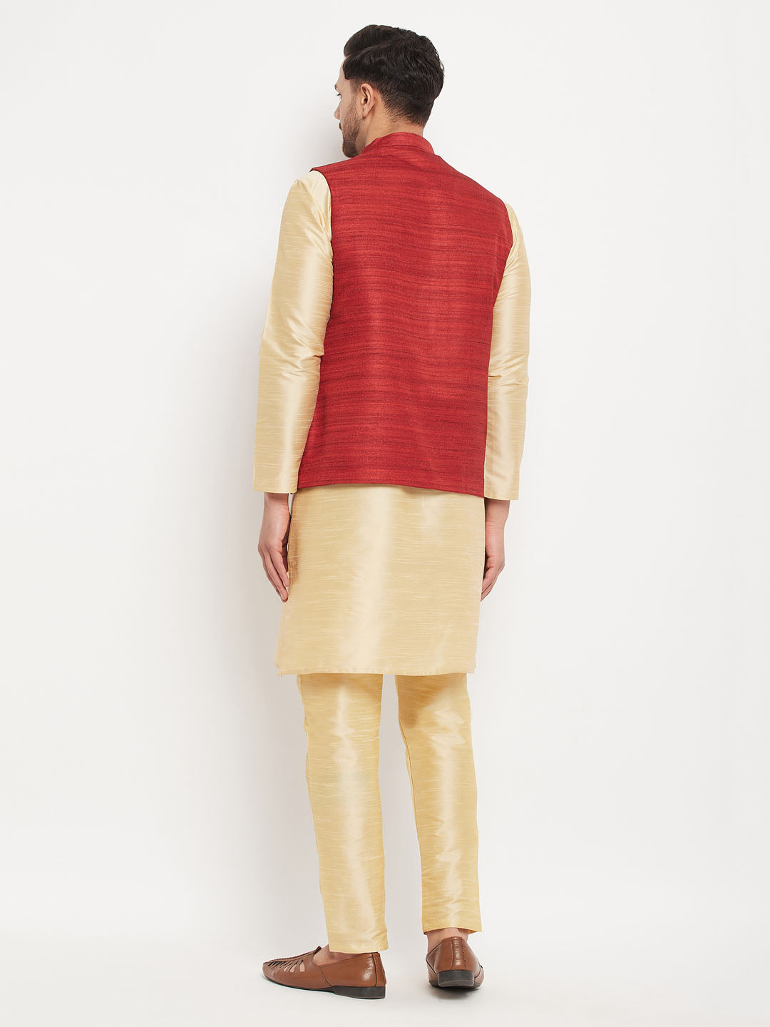 Men's Maroon Matka Silk Nehru Jacket With Gold Silk Blend Kurta And Pant Style Pyjama Set