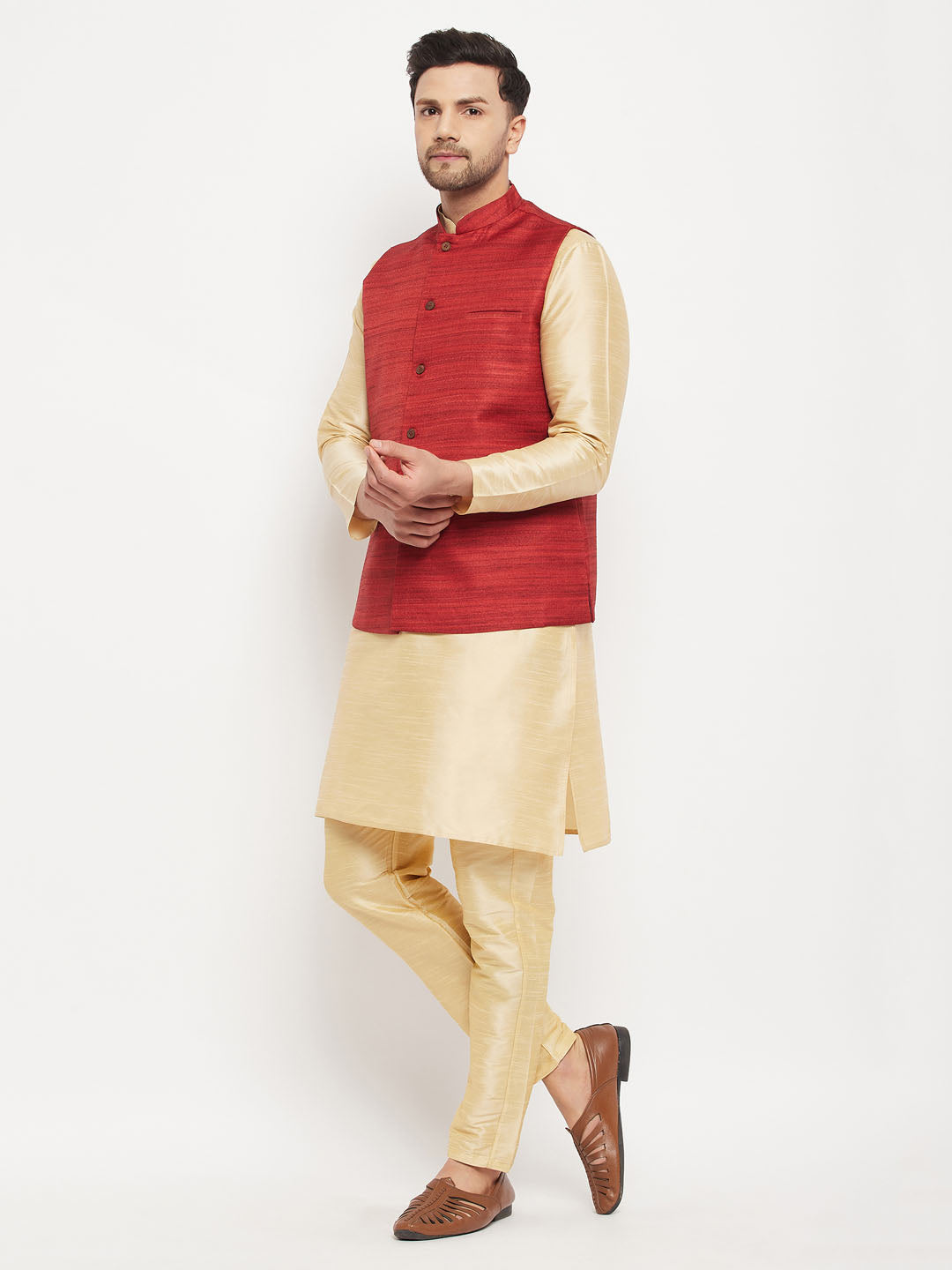 Men's Maroon Matka Silk Nehru Jacket With Gold Silk Blend Kurta And Pant Style Pyjama Set