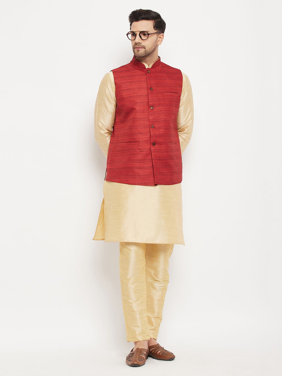 Men's Maroon Matka Silk Nehru Jacket With Gold Silk Blend Kurta And Pant Style Pyjama Set