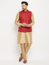 Men's Maroon Matka Silk Nehru Jacket With Rose Gold Silk Blend Kurta And Pant Style Pyjama Set