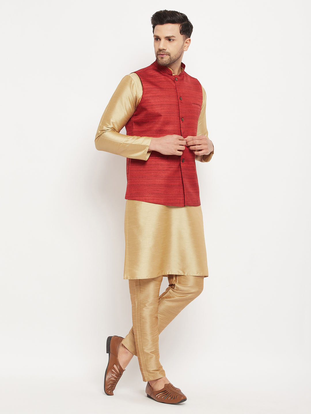 Men's Maroon Matka Silk Nehru Jacket With Rose Gold Silk Blend Kurta And Pant Style Pyjama Set