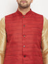 Men's Maroon Matka Silk Nehru Jacket With Rose Gold Silk Blend Kurta And Pant Style Pyjama Set