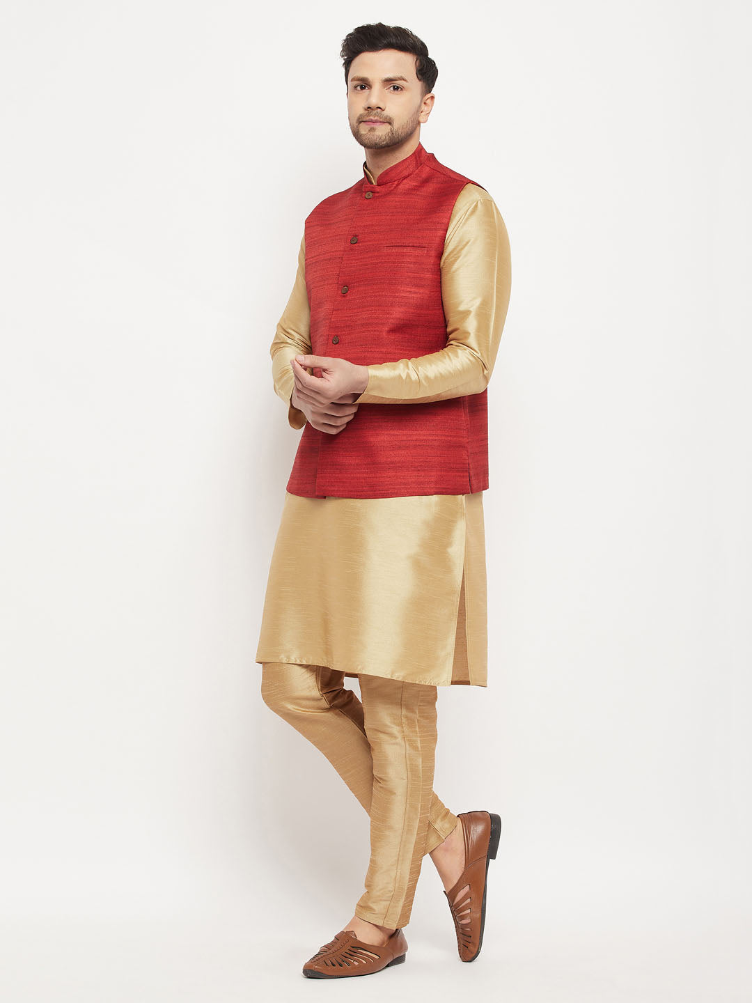 Men's Maroon Matka Silk Nehru Jacket With Rose Gold Silk Blend Kurta And Pant Style Pyjama Set
