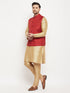 Men's Maroon Matka Silk Nehru Jacket With Rose Gold Silk Blend Kurta And Pant Style Pyjama Set