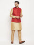 Men's Maroon Matka Silk Nehru Jacket With Rose Gold Silk Blend Kurta And Pant Style Pyjama Set