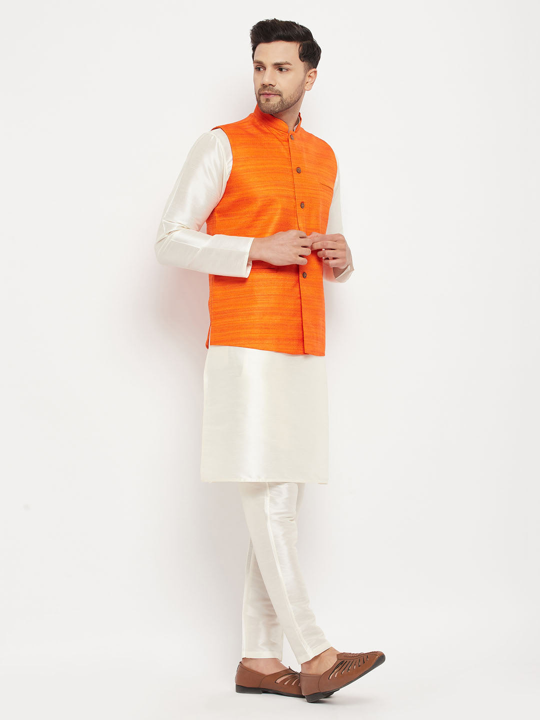 Men's Orange Matka Silk Nehru Jacket With Kurta And Pant Style Pyjama Set