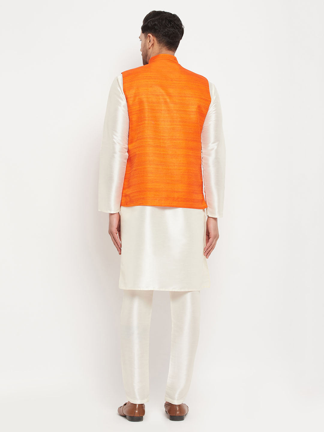 Men's Orange Matka Silk Nehru Jacket With Kurta And Pant Style Pyjama Set