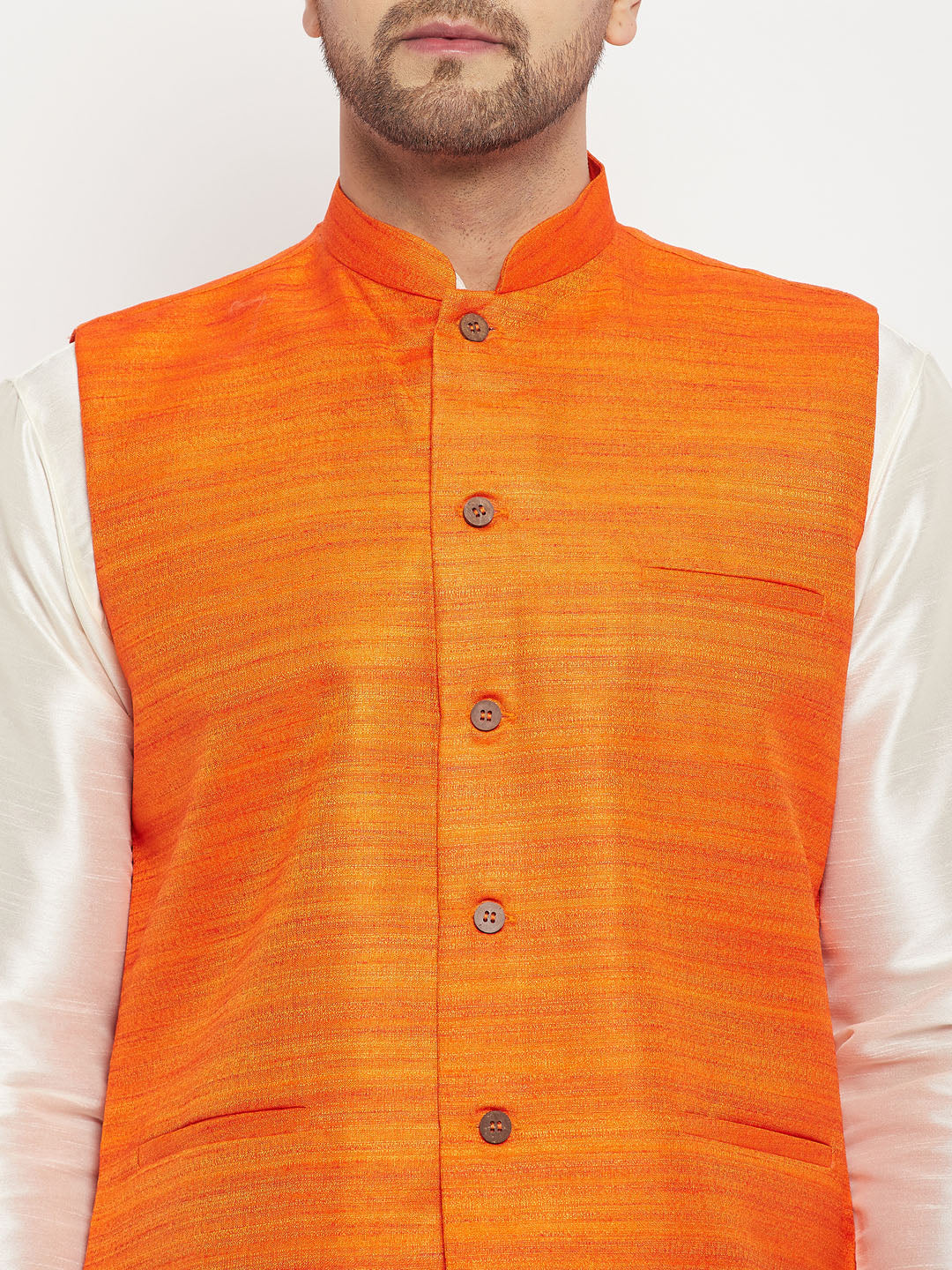 Men's Orange Matka Silk Nehru Jacket With Kurta And Pant Style Pyjama Set