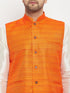 Men's Orange Matka Silk Nehru Jacket With Kurta And Pant Style Pyjama Set