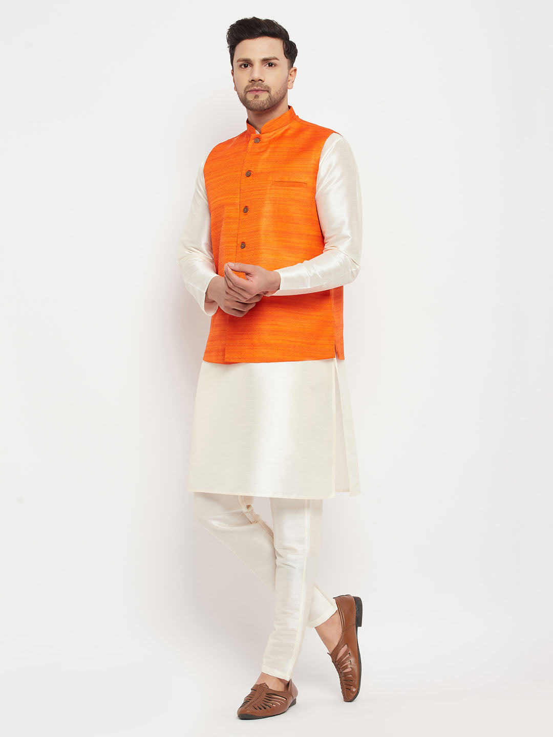 Men's Orange Matka Silk Nehru Jacket With Kurta And Pant Style Pyjama Set