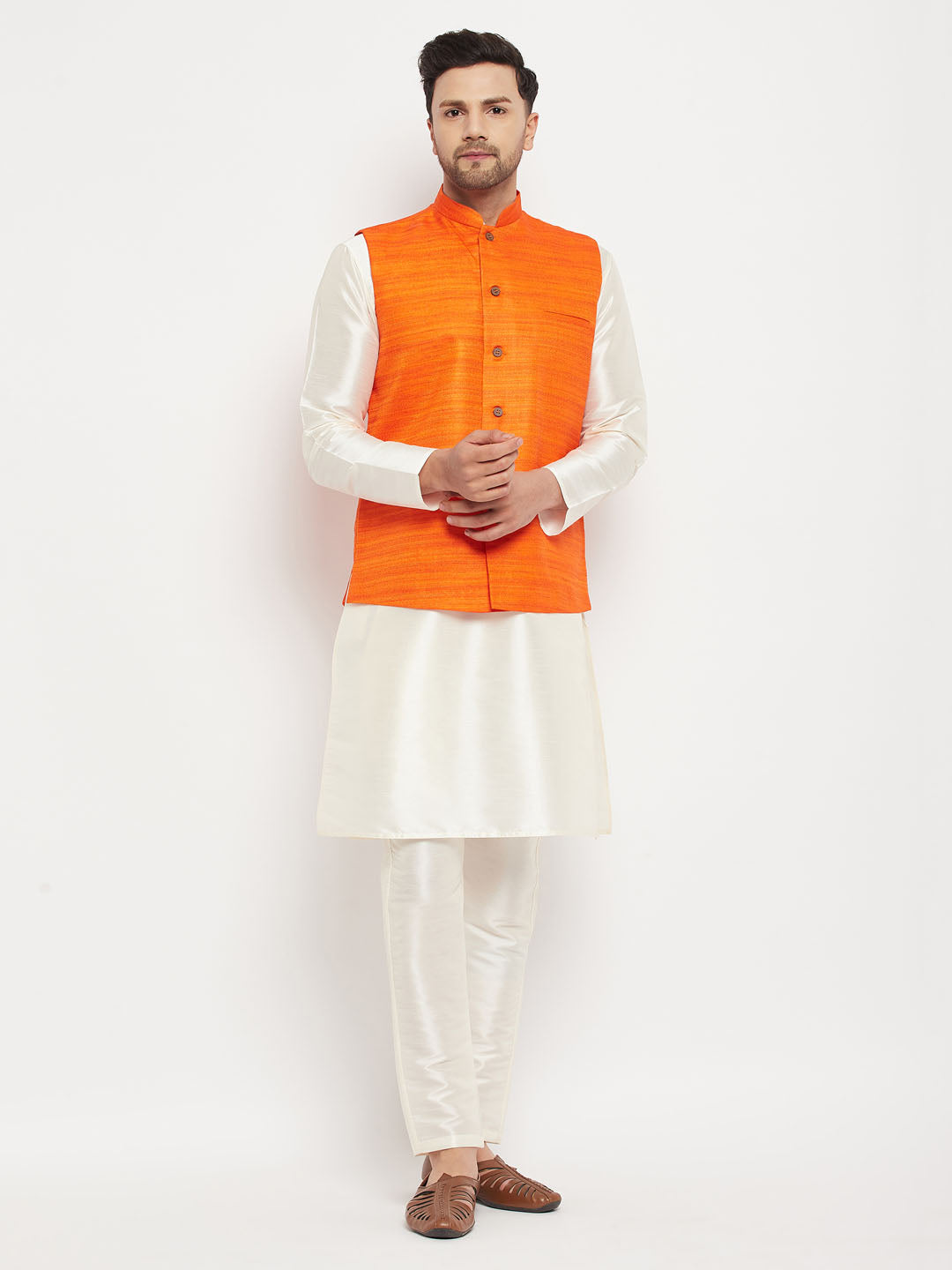 Men's Orange Matka Silk Nehru Jacket With Kurta And Pant Style Pyjama Set