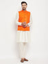 Men's Orange Matka Silk Nehru Jacket With Kurta And Pant Style Pyjama Set