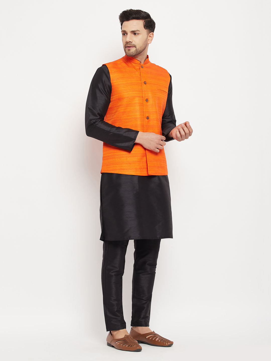 Men's Orange Matka Silk Nehru Jacket With Black Silk Blend Kurta And Pant Style Pyjama Set