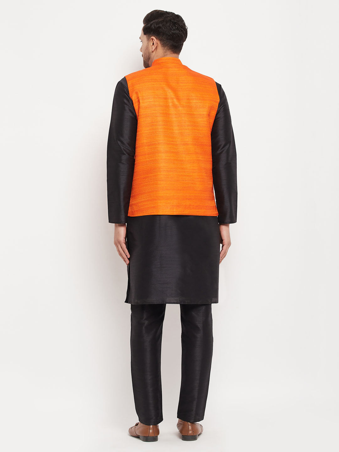 Men's Orange Matka Silk Nehru Jacket With Black Silk Blend Kurta And Pant Style Pyjama Set
