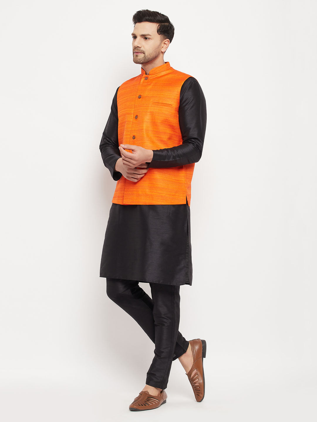 Men's Orange Matka Silk Nehru Jacket With Black Silk Blend Kurta And Pant Style Pyjama Set