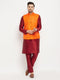 Men's Orange Matka Silk Nehru Jacket With Maroon Silk Blend Kurta And Pant Style Pyjama Set