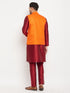 Men's Orange Matka Silk Nehru Jacket With Maroon Silk Blend Kurta And Pant Style Pyjama Set