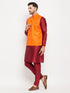 Men's Orange Matka Silk Nehru Jacket With Maroon Silk Blend Kurta And Pant Style Pyjama Set
