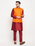 Men's Orange Matka Silk Nehru Jacket With Maroon Silk Blend Kurta And Pant Style Pyjama Set