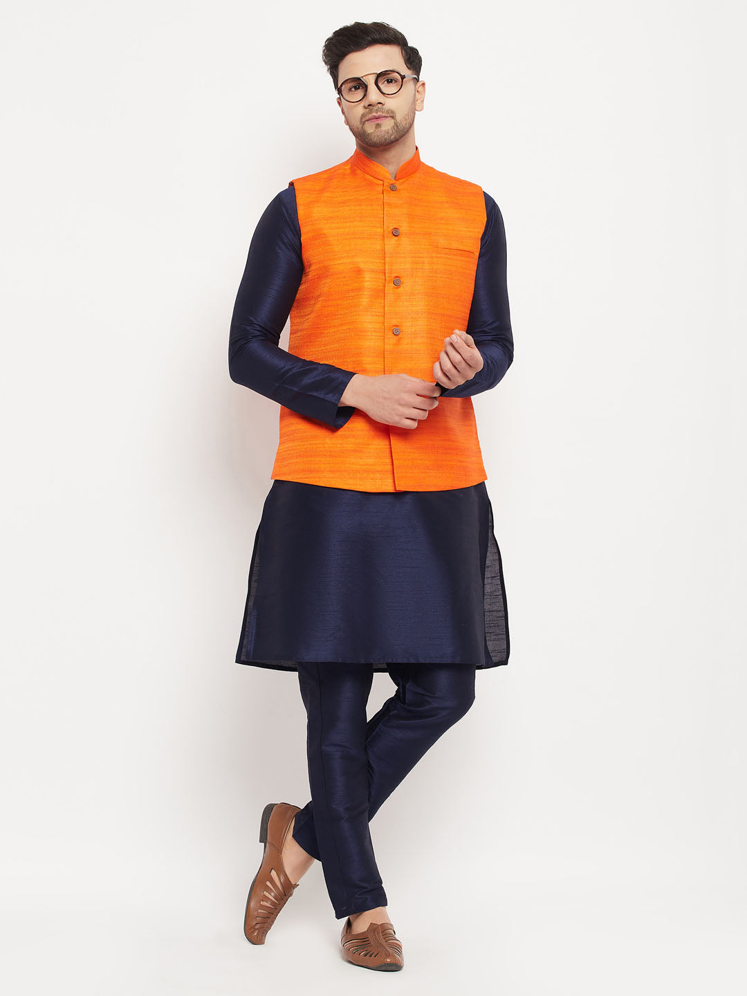 Men's Orange Matka Silk Nehru Jacket With Navy Blue Silk Blend Kurta And Pant Style Pyjama Set