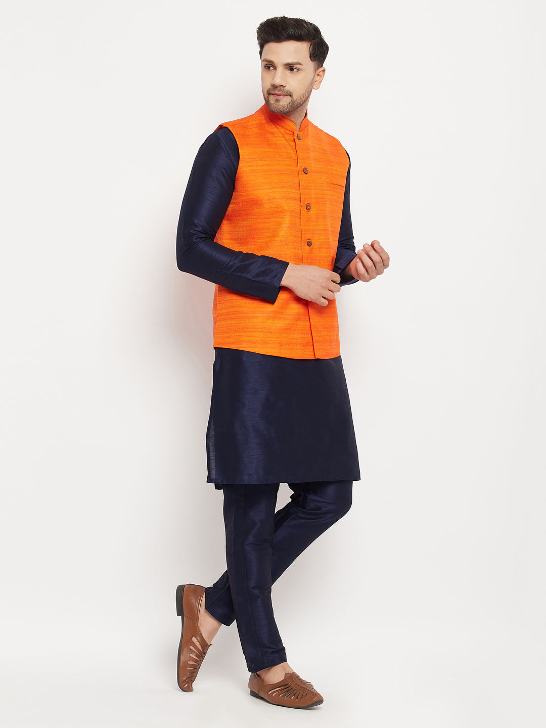 Men's Orange Matka Silk Nehru Jacket With Navy Blue Silk Blend Kurta And Pant Style Pyjama Set