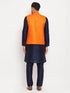 Men's Orange Matka Silk Nehru Jacket With Navy Blue Silk Blend Kurta And Pant Style Pyjama Set