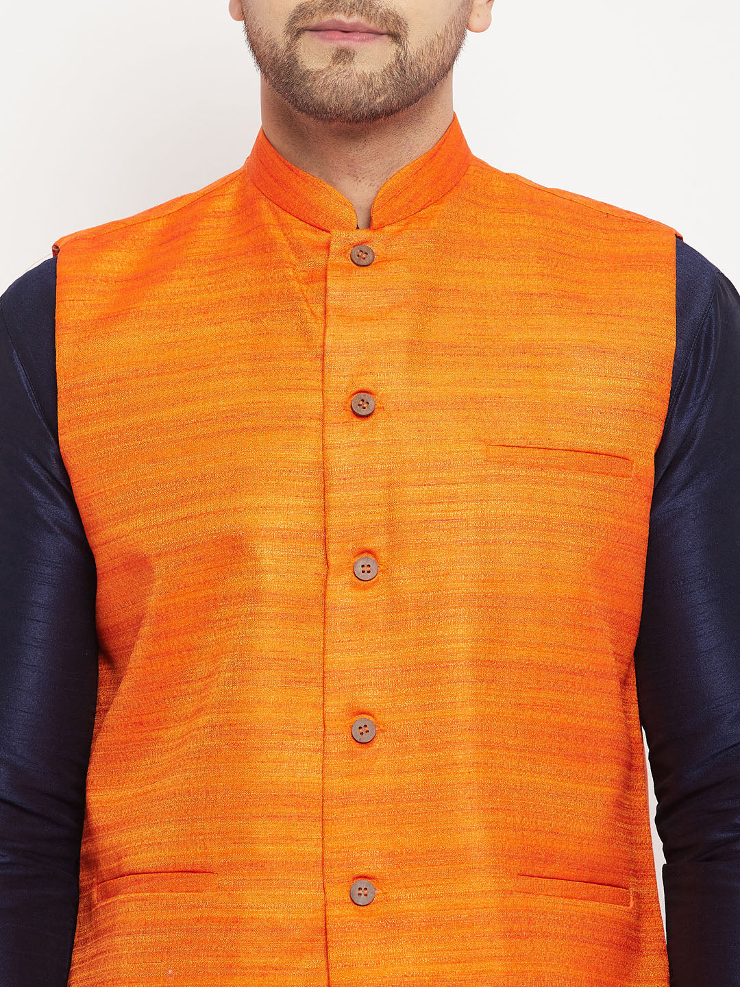 Men's Orange Matka Silk Nehru Jacket With Navy Blue Silk Blend Kurta And Pant Style Pyjama Set